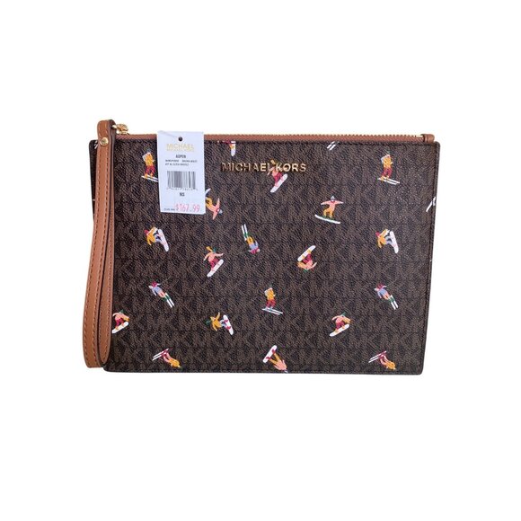 Michael Kors Handbags - Michael Kors Aspen Ski Print Brown Logo XL Jet Set Clutch Wristlet NEW